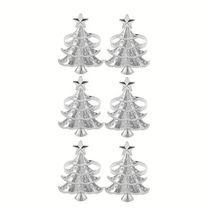 Nutshell Christmas napkin ring set featuring six silver tree designs with star accents for holiday table decor