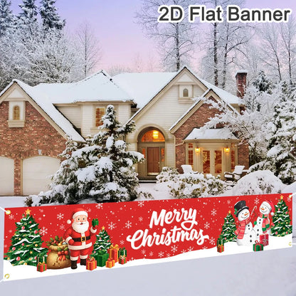 Christmas Outdoor Banner featuring Santa, snowmen, and Christmas trees in a winter scene