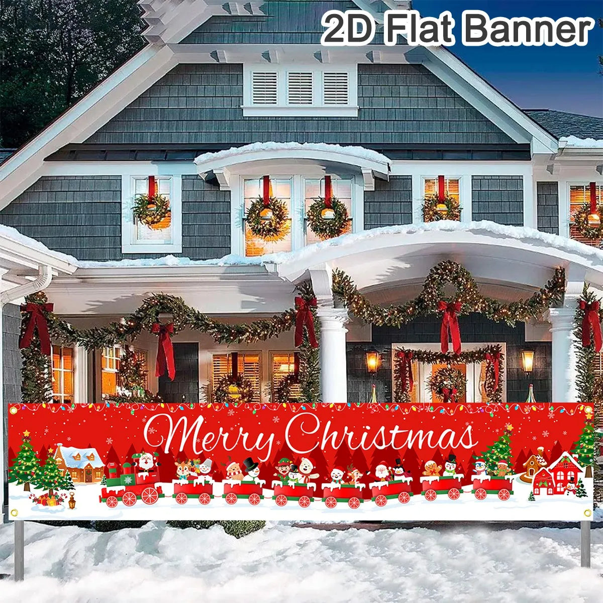 Christmas Outdoor Banner featuring a festive train design with Merry Christmas message for holiday decorations