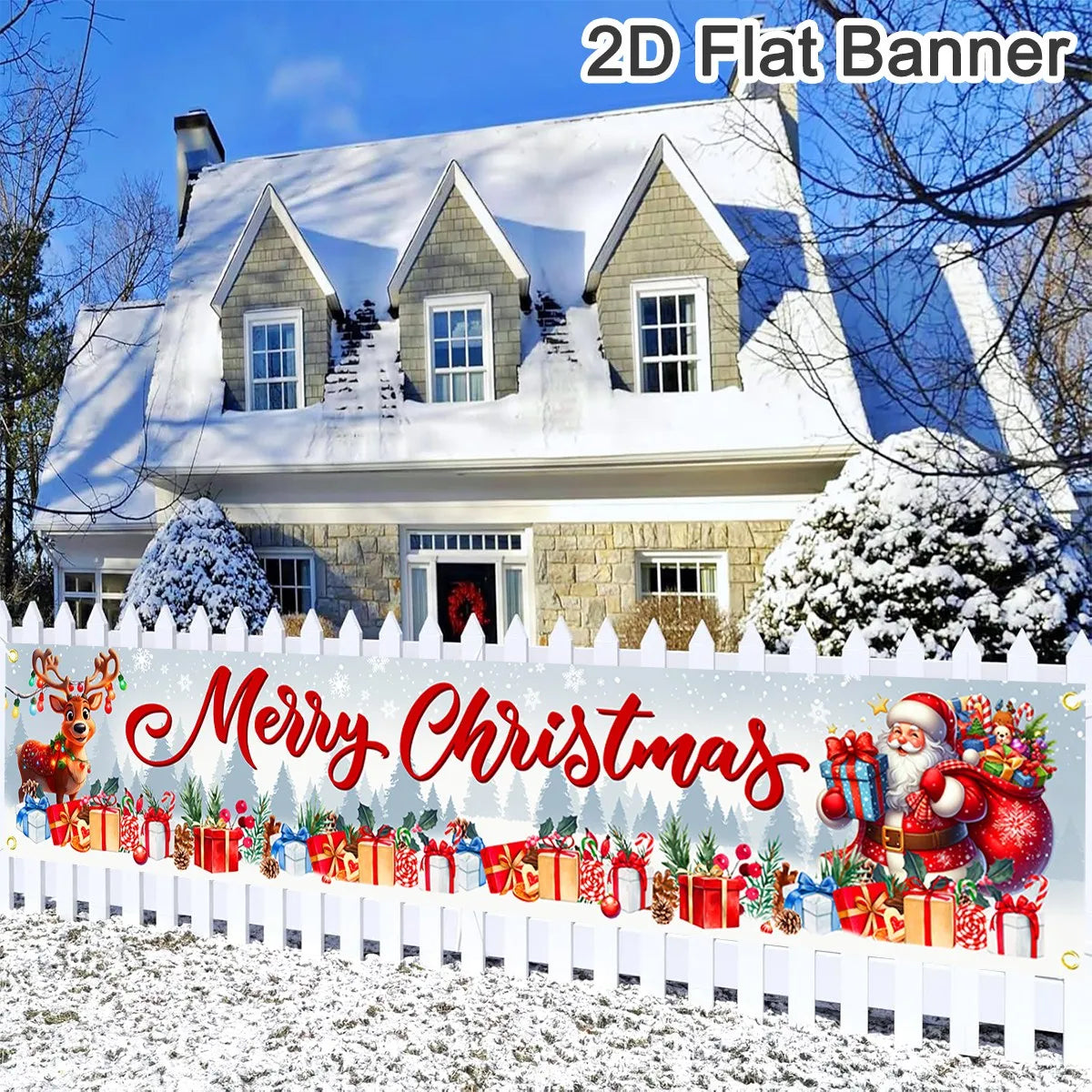 Christmas Outdoor Banner featuring Santa, reindeer, and presents, perfect for festive holiday decorations