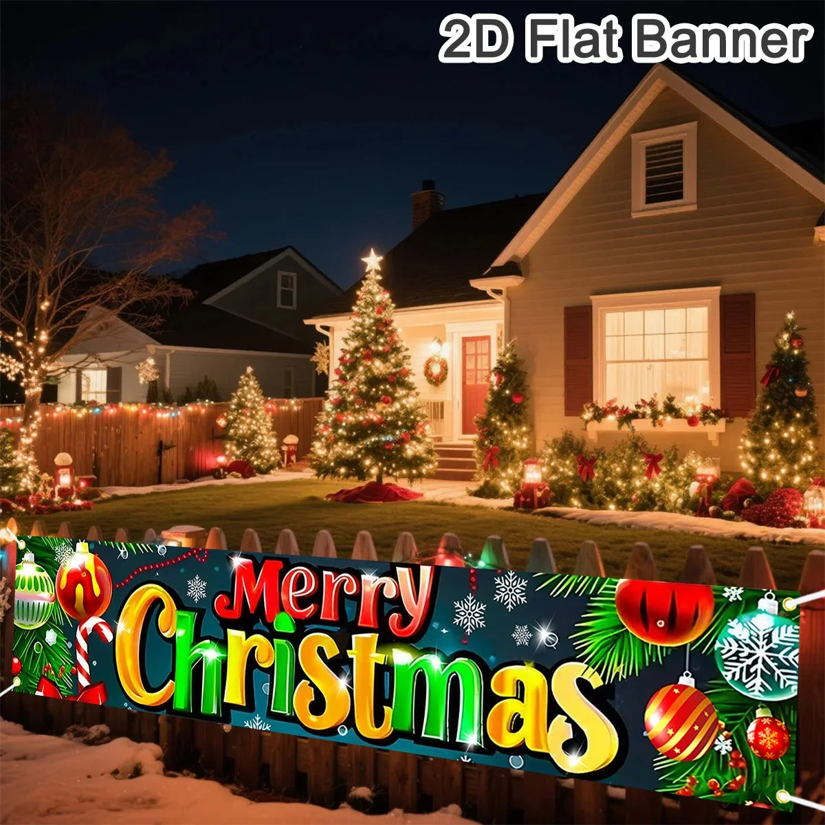 Christmas Outdoor Banner featuring colorful Merry Christmas design with festive ornaments and snowflakes