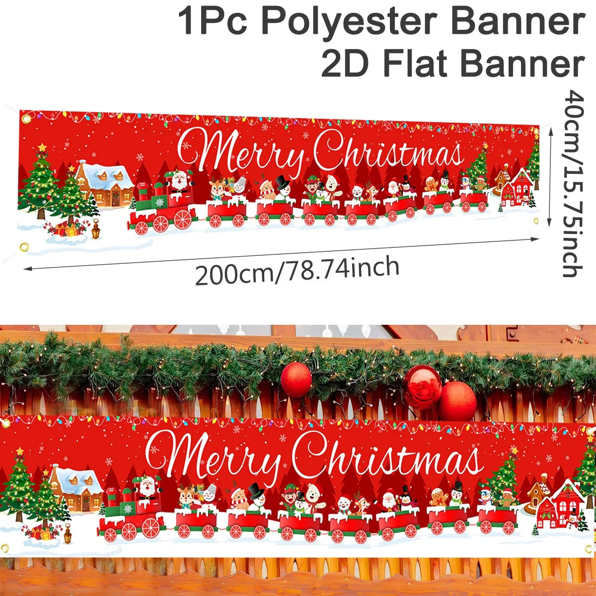 Nutshell Christmas Outdoor Banner featuring a festive train with decorations and snowy background
