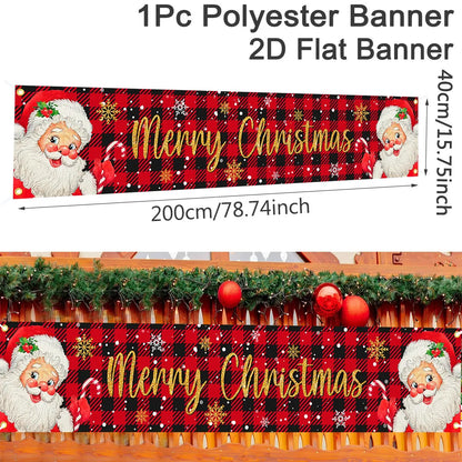 Christmas Outdoor Banner featuring Santa Claus with a festive red plaid background and gold lettering