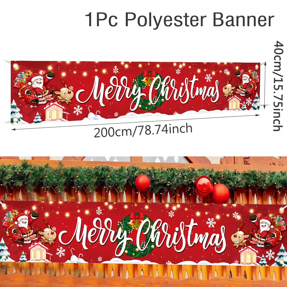 Vibrant Christmas Outdoor Banner featuring Santa, reindeer, and festive decorations for holiday celebrations