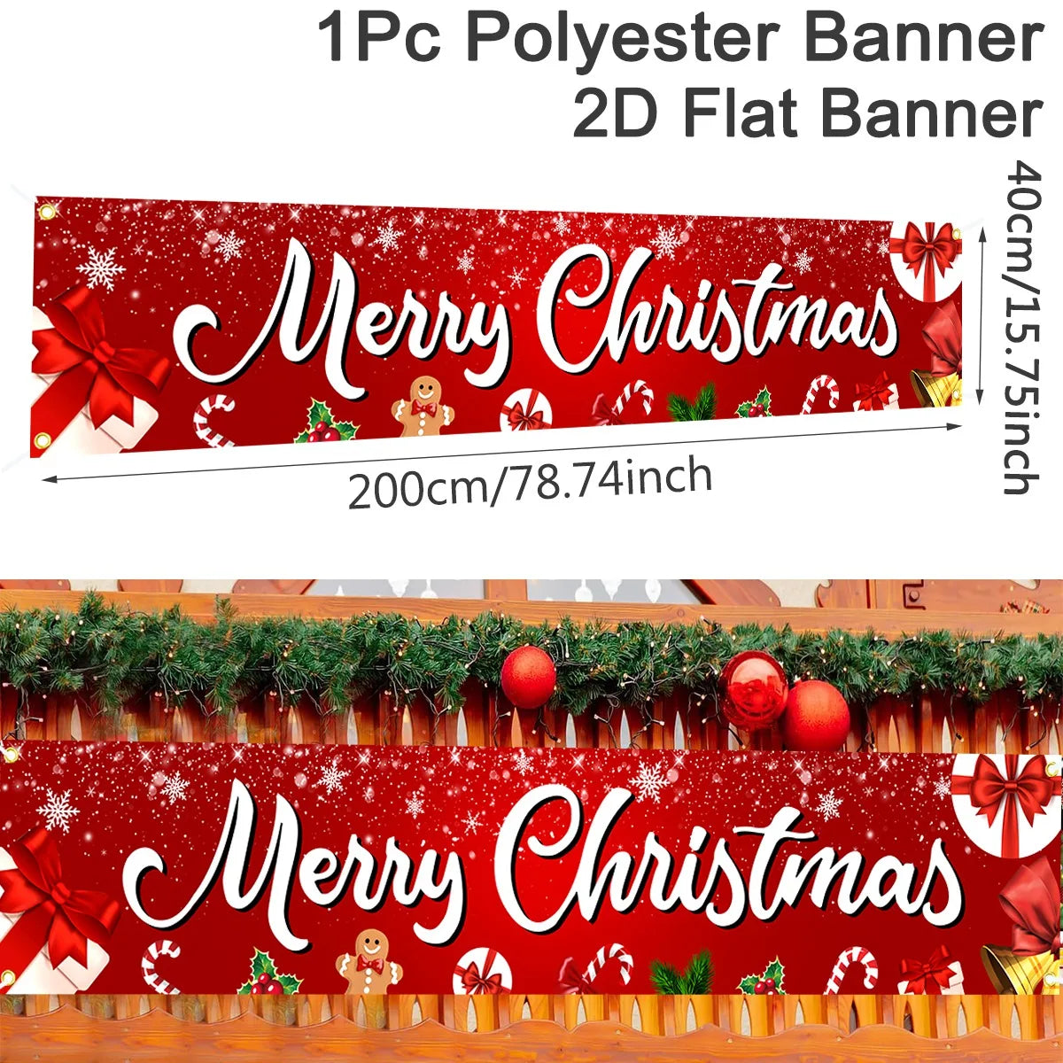 Christmas Outdoor Banner featuring 'Merry Christmas' with festive decorations and red background