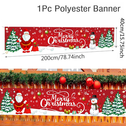 Christmas Outdoor Banner featuring Santa, snowmen, and festive trees on a red background