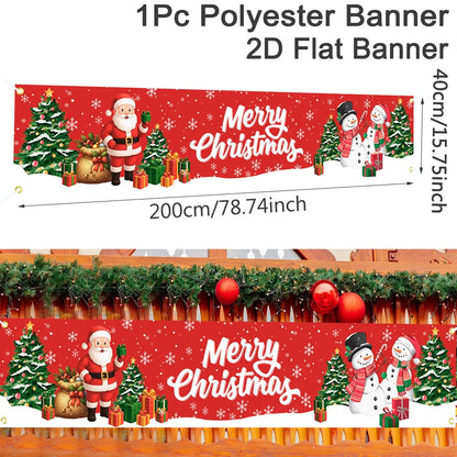 Christmas Outdoor Banner featuring Santa, snowmen, and festive decorations in vibrant colors