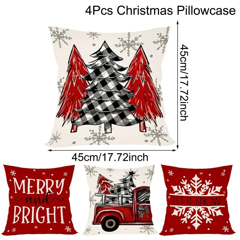 Set of 4 Christmas Pillow Covers featuring festive designs of trees and a red truck