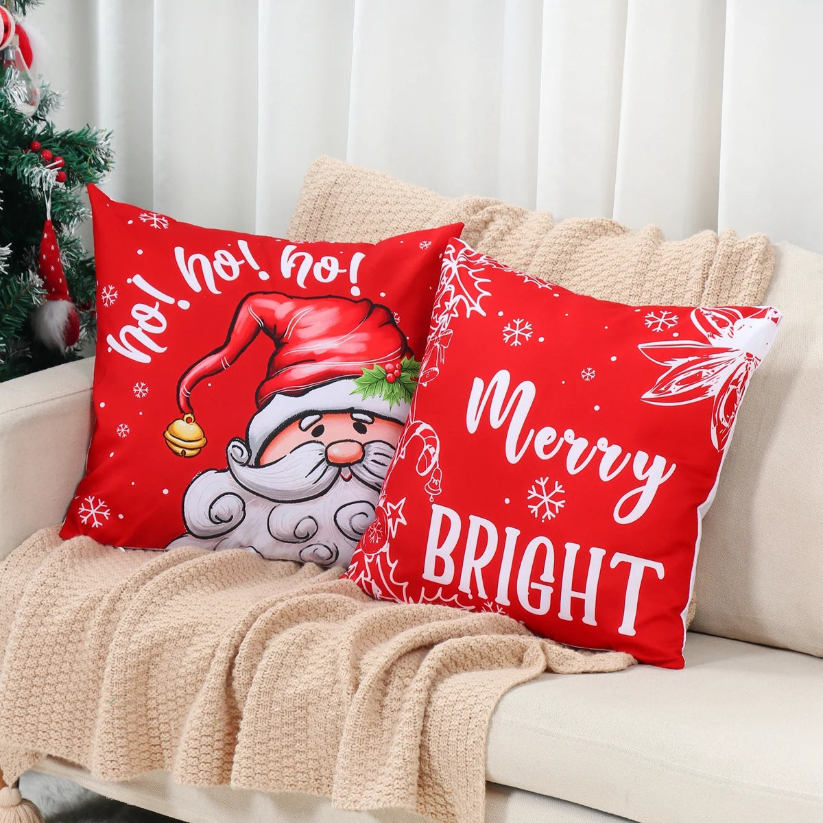 Christmas Pillow Covers featuring Santa and Merry Bright designs for festive home decor