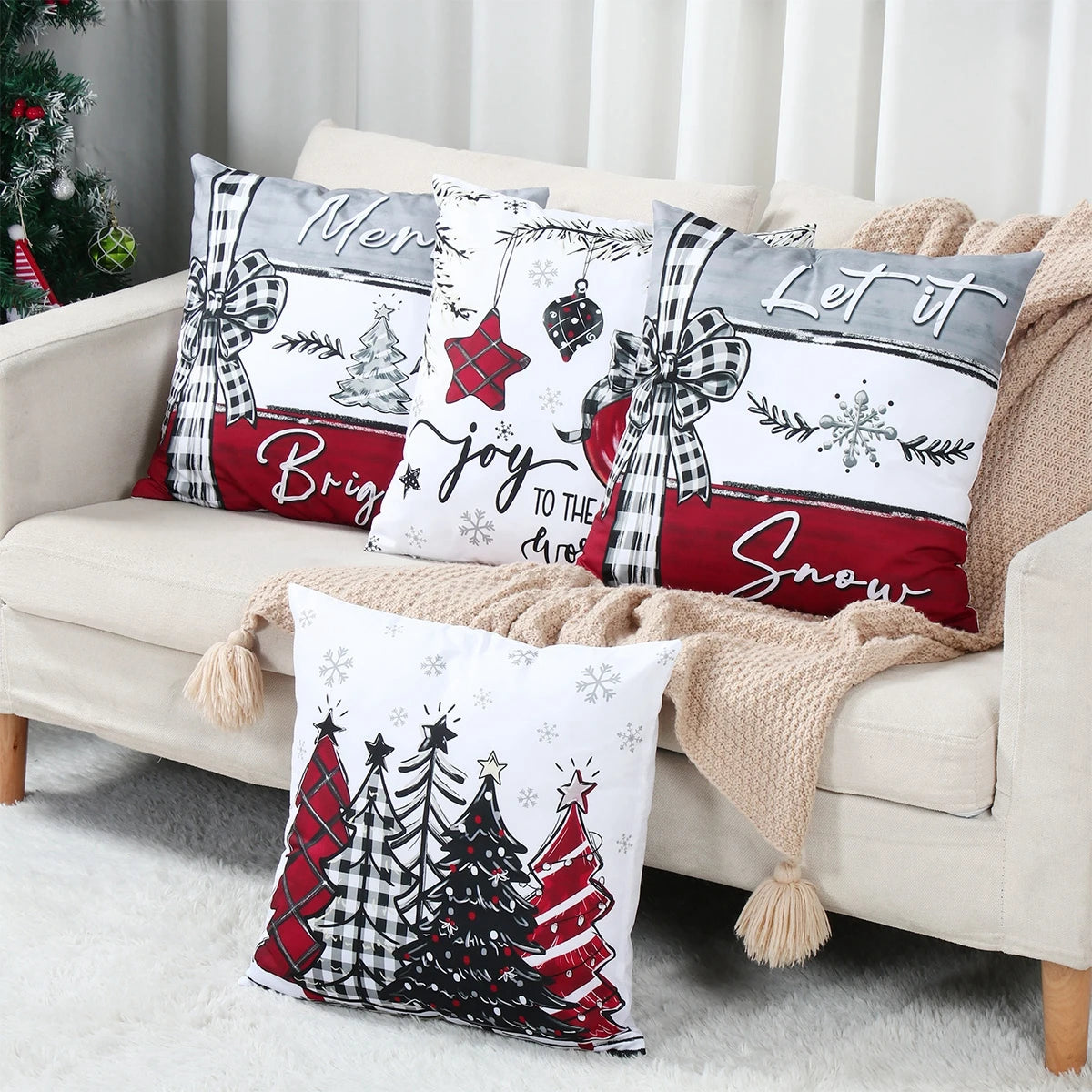 Set of Christmas Pillow Covers featuring festive designs for holiday home decor