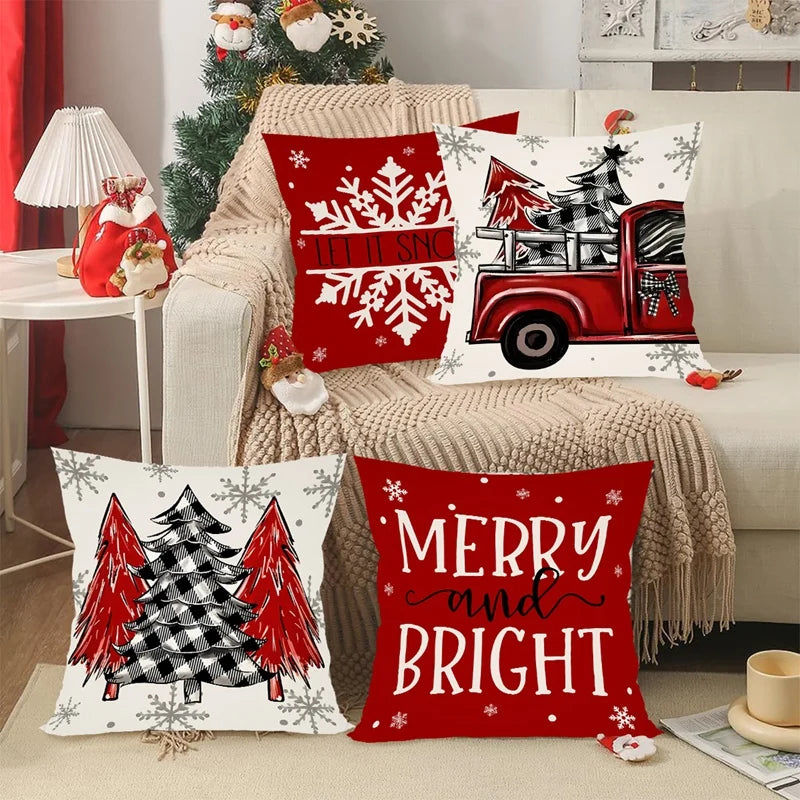 Colorful Christmas Pillow Covers featuring festive designs and cozy red and white themes for holiday decor