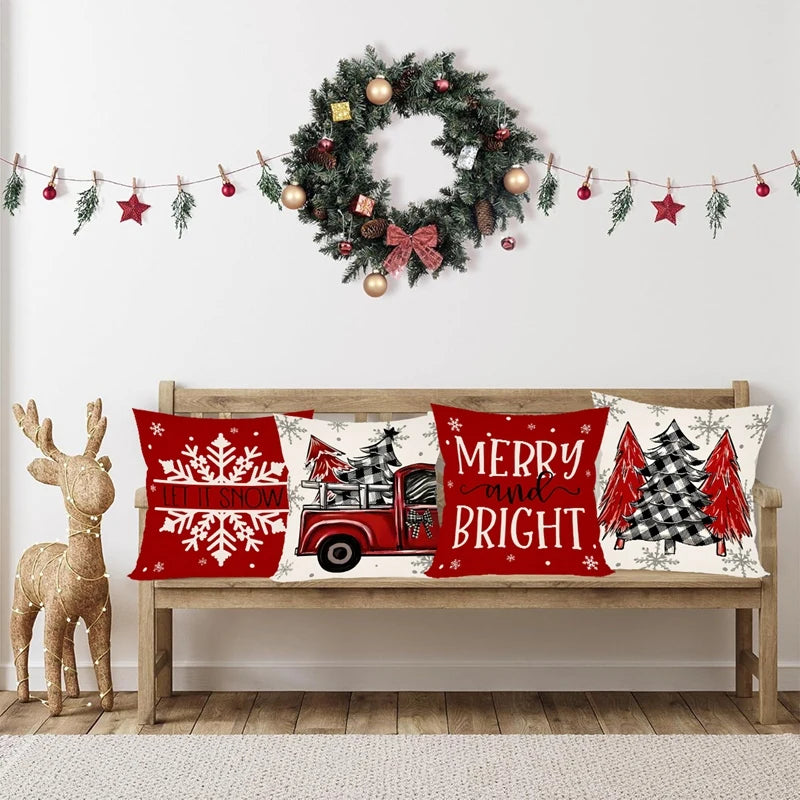 Christmas Pillow Covers featuring festive designs with a red truck, snowflakes, and Christmas trees