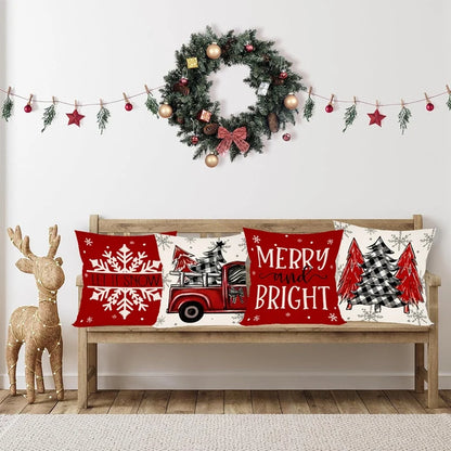Christmas Pillow Covers featuring festive designs with a red truck, snowflakes, and Christmas trees