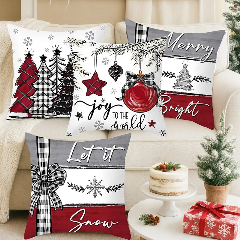 Set of festive Christmas Pillow Covers featuring holiday designs with trees, ornaments, and cheerful phrases