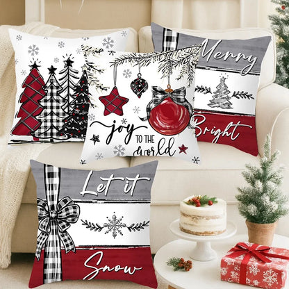 Set of festive Christmas Pillow Covers featuring holiday designs with trees, ornaments, and cheerful phrases