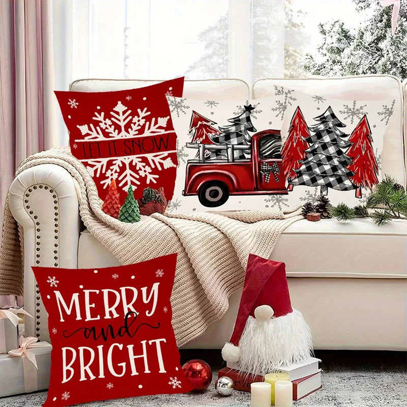 Christmas Pillow Covers with festive designs featuring trucks, trees, and cheerful messages for holiday decor