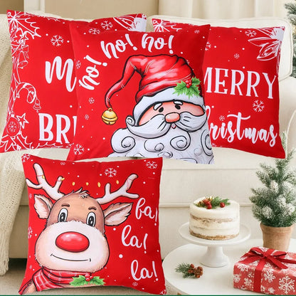 Festive Christmas Pillow Covers featuring Santa, reindeer, and cheerful holiday messages
