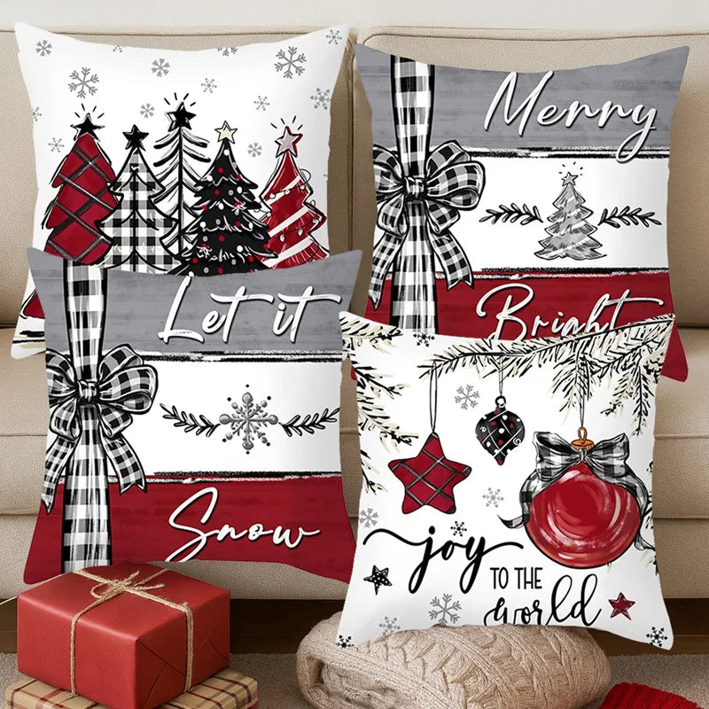Set of Christmas Pillow Covers featuring festive designs and cheerful holiday messages for seasonal decor