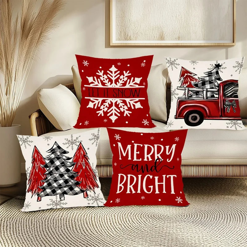 Set of Christmas Pillow Covers featuring festive designs including trees and a red truck