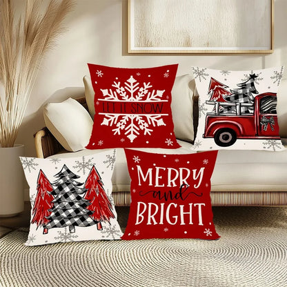 Set of Christmas Pillow Covers featuring festive designs including trees and a red truck