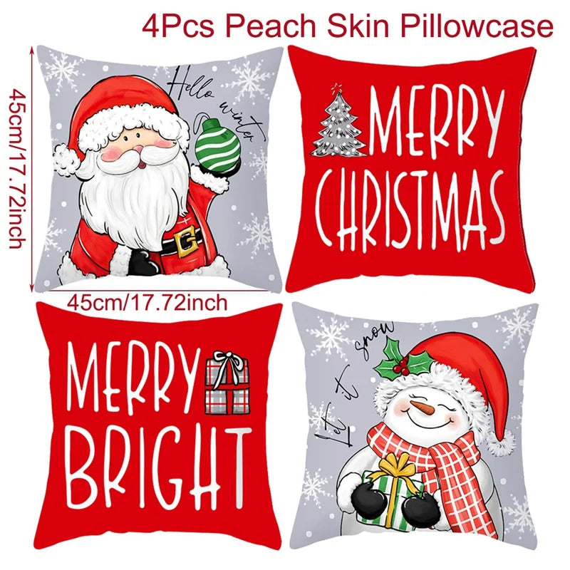 Set of 4 Christmas Pillow Covers featuring Santa, snowman, and festive designs for holiday decor