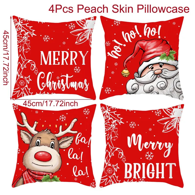 4-Piece Christmas Pillow Covers with Santa, Reindeer, and festive designs in red and white