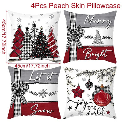Set of 4 Christmas Pillow Covers in festive designs with trees, snowflakes, and ornaments