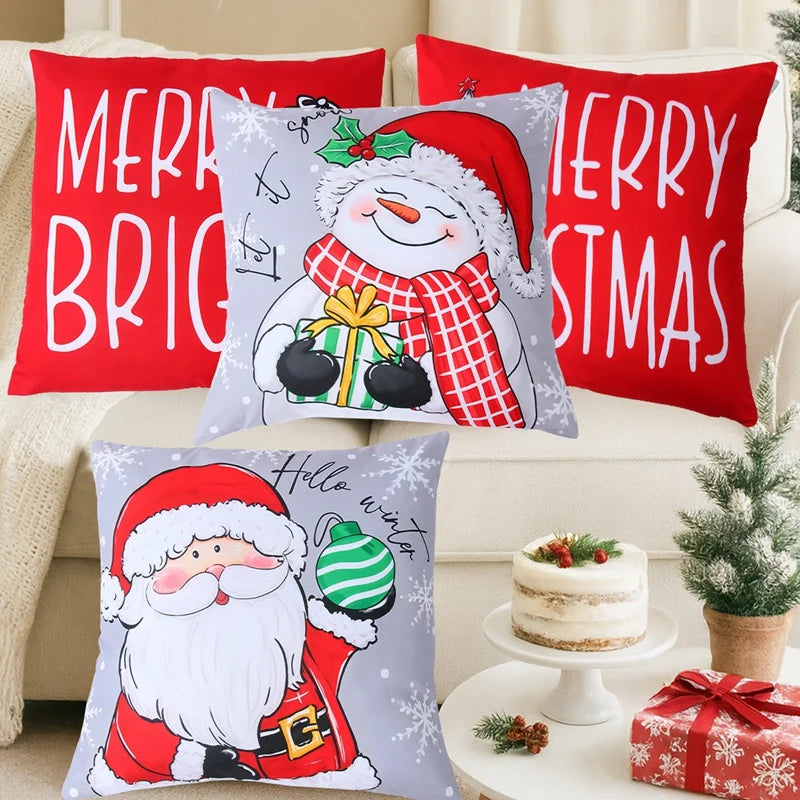 Christmas Pillow Covers featuring Santa and a Snowman with festive greetings for holiday decor