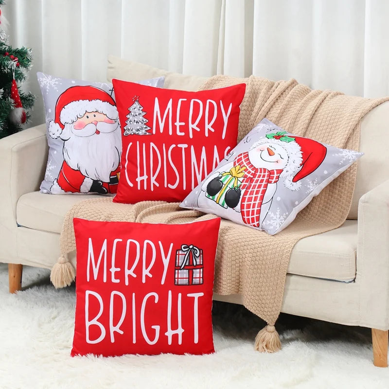 Colorful Christmas Pillow Covers featuring Santa designs and festive messages for holiday home decor