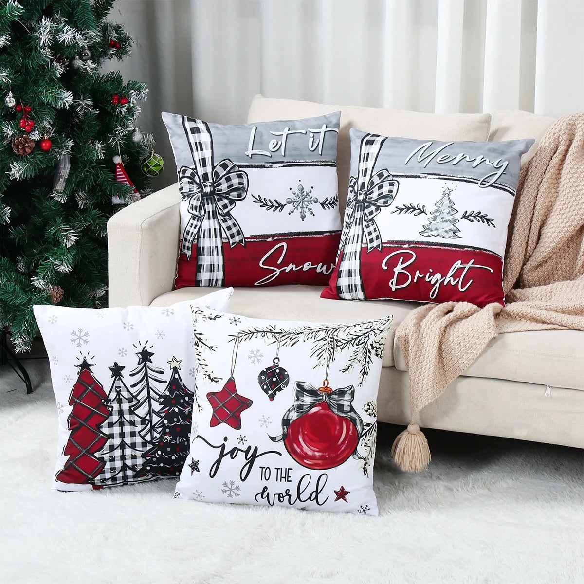 Set of Christmas Pillow Covers with festive designs including Santa, ornaments, and holiday patterns