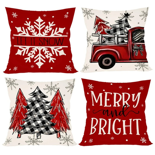 Set of festive Christmas Pillow Covers featuring snowflakes, trucks, and holiday messages in red and cream