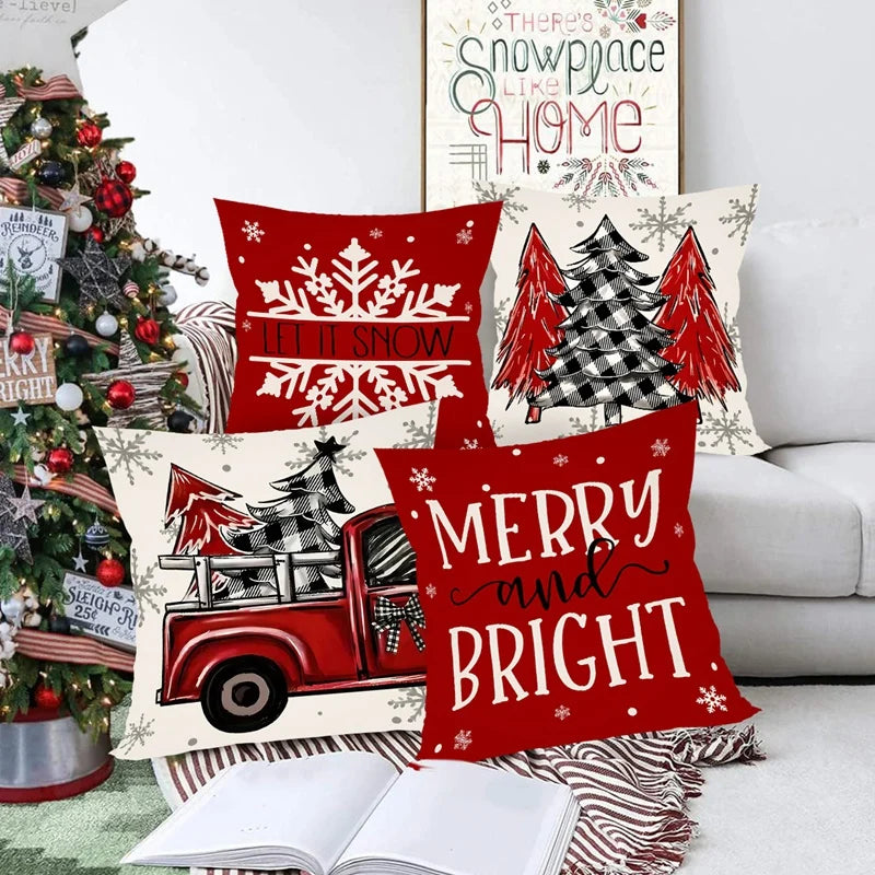 Set of festive Christmas Pillow Covers featuring red truck, snowflakes, and cheerful designs