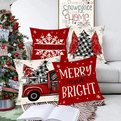 Set of festive Christmas Pillow Covers featuring red truck, snowflakes, and cheerful designs