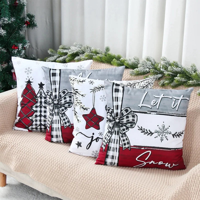 Set of Christmas Pillow Covers with festive designs and red accents for holiday home decor