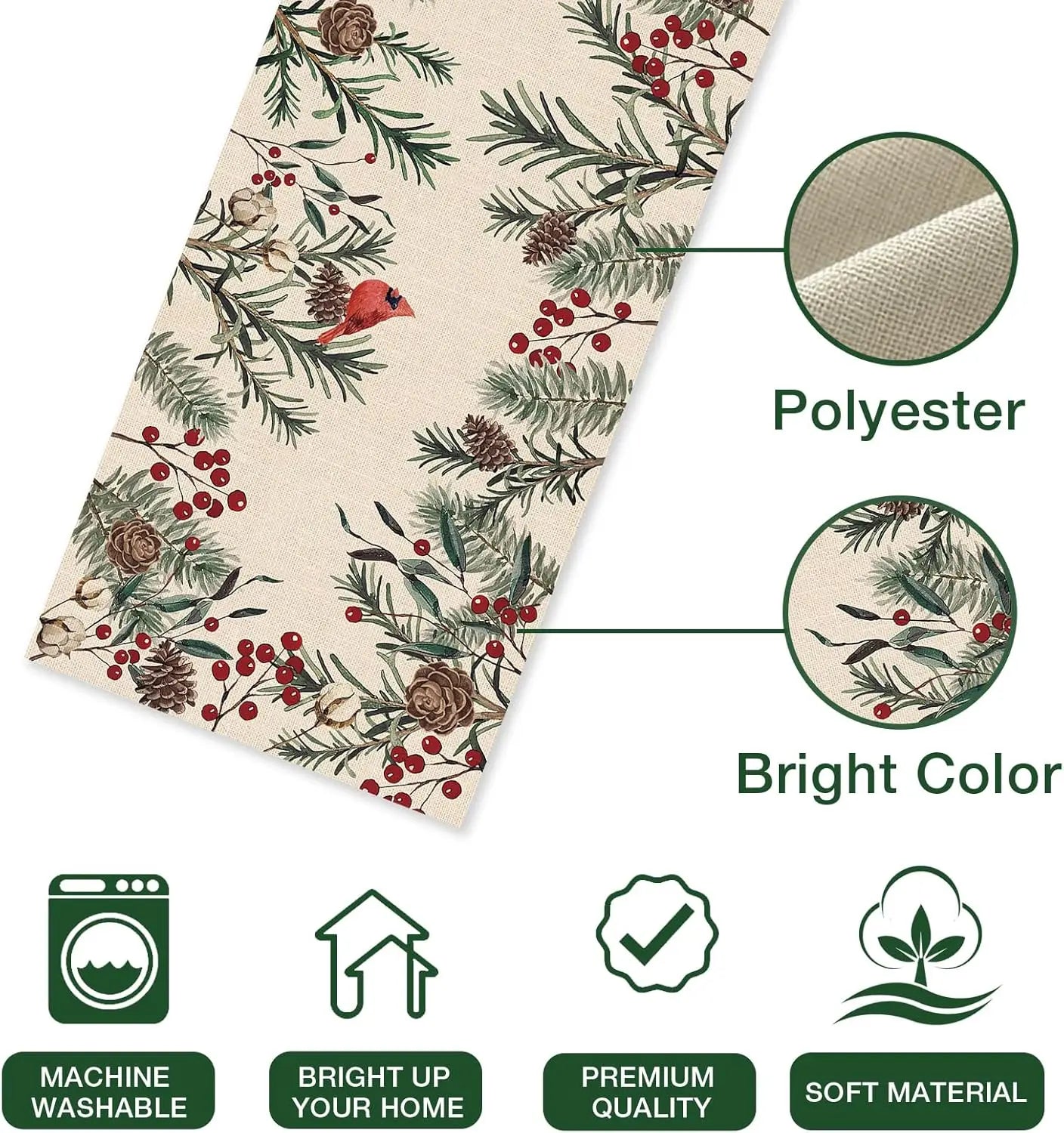 Christmas Pine Needle Branches Linen Table Runner with a festive design featuring cardinals and pinecones