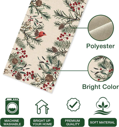 Christmas Pine Needle Branches Linen Table Runner with a festive design featuring cardinals and pinecones