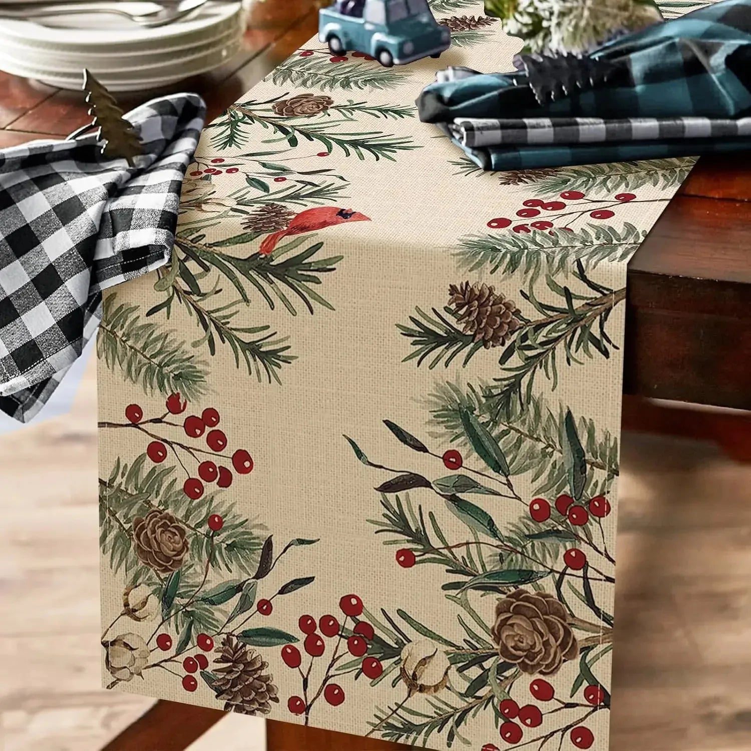 Christmas Pine Needle Branches Linen Table Runner with festive design and natural elements for holiday decor