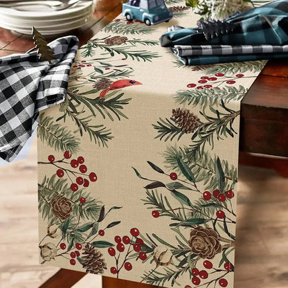 Christmas Pine Needle Branches Linen Table Runner with festive design and natural elements for holiday decor