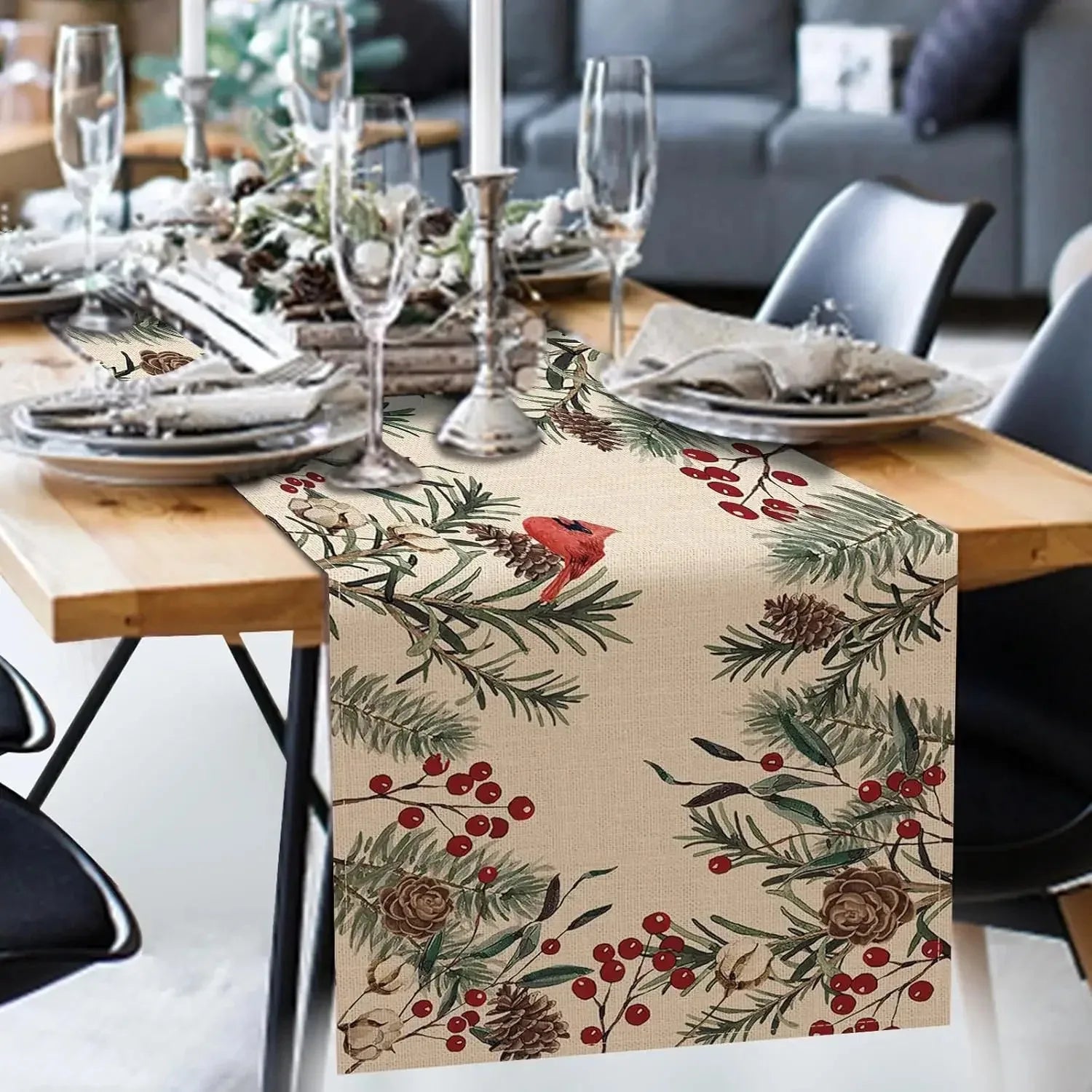 Christmas Pine Needle Branches Linen Table Runner featuring festive designs on a dining table setting
