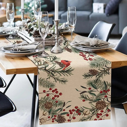 Christmas Pine Needle Branches Linen Table Runner featuring festive designs on a dining table setting