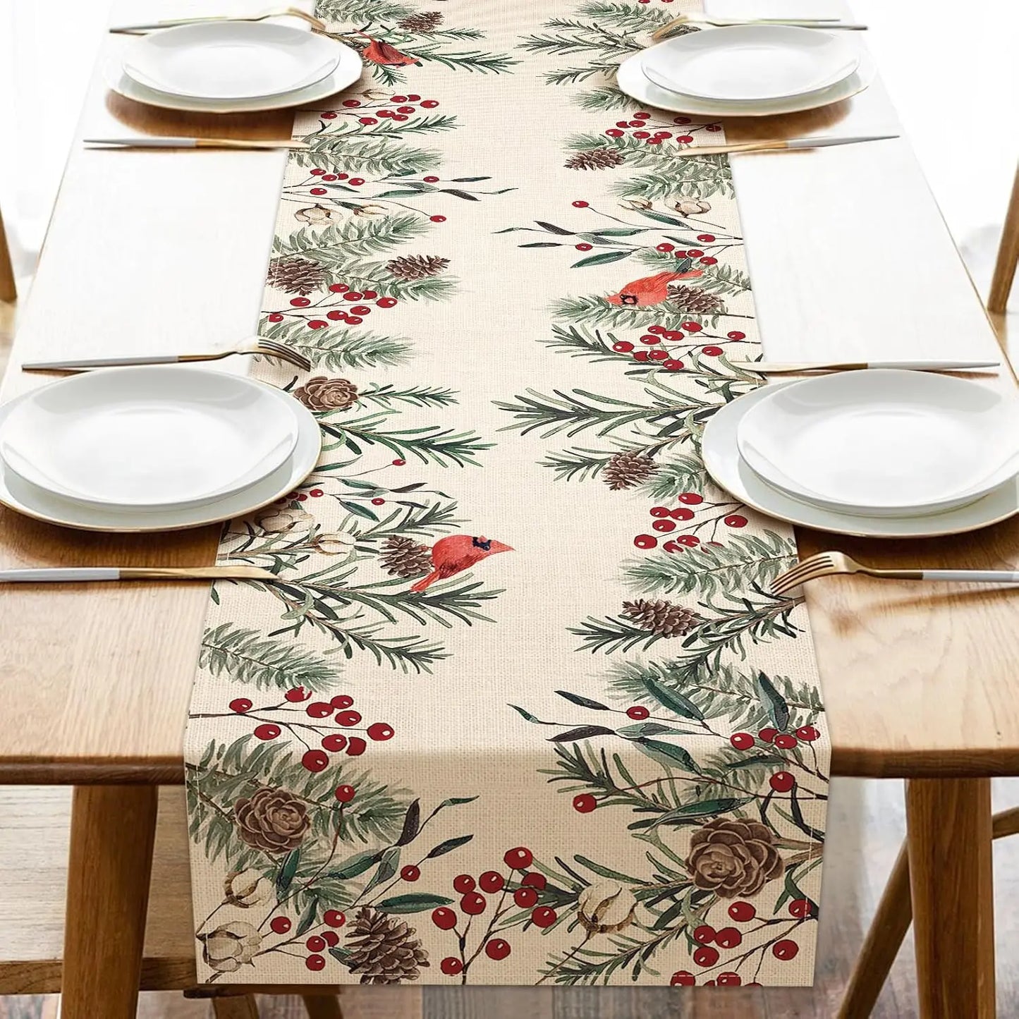 Christmas Pine Needle Branches Linen Table Runner with Cardinal and Pinecone Design for Holiday Decor
