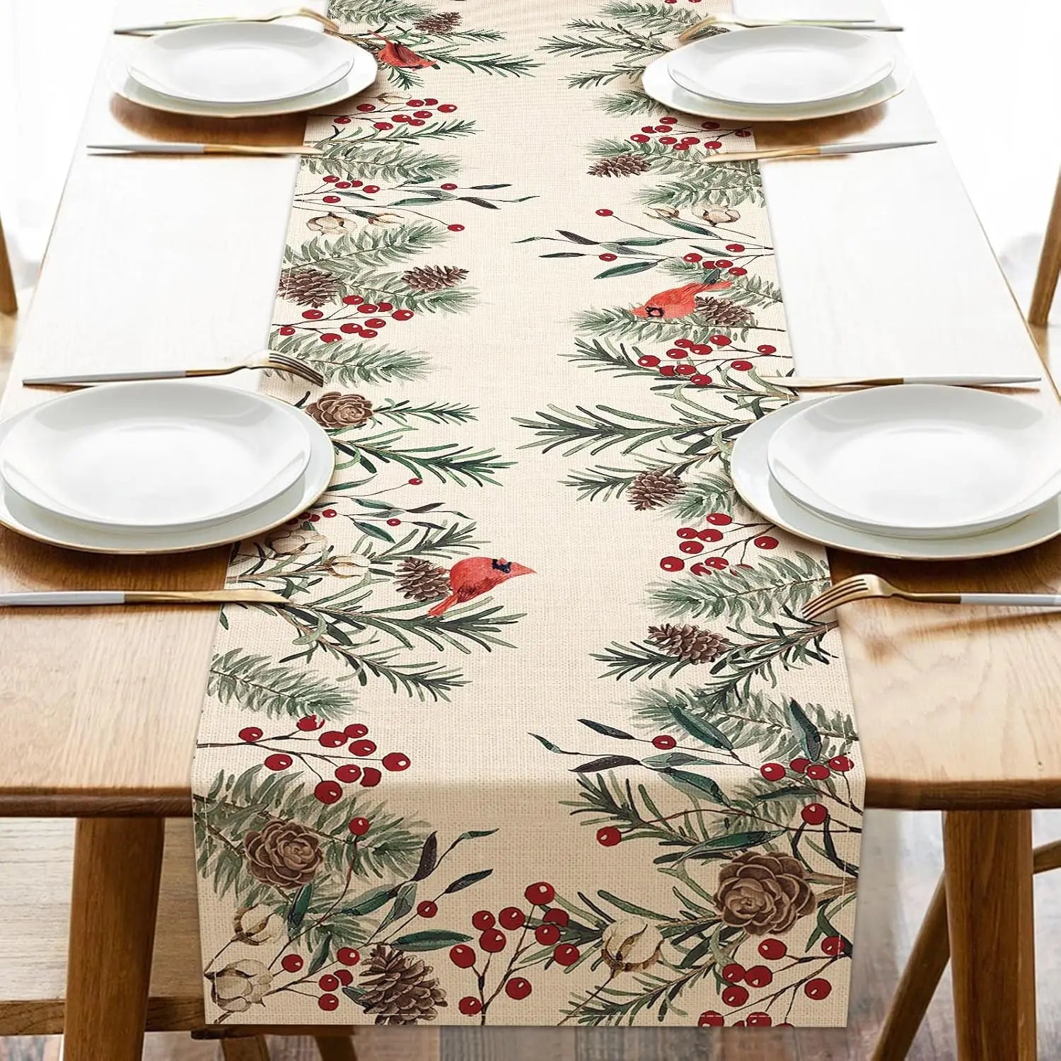 Christmas Pine Needle Branches Linen Table Runner with Cardinal and Pinecone Design for Holiday Decor