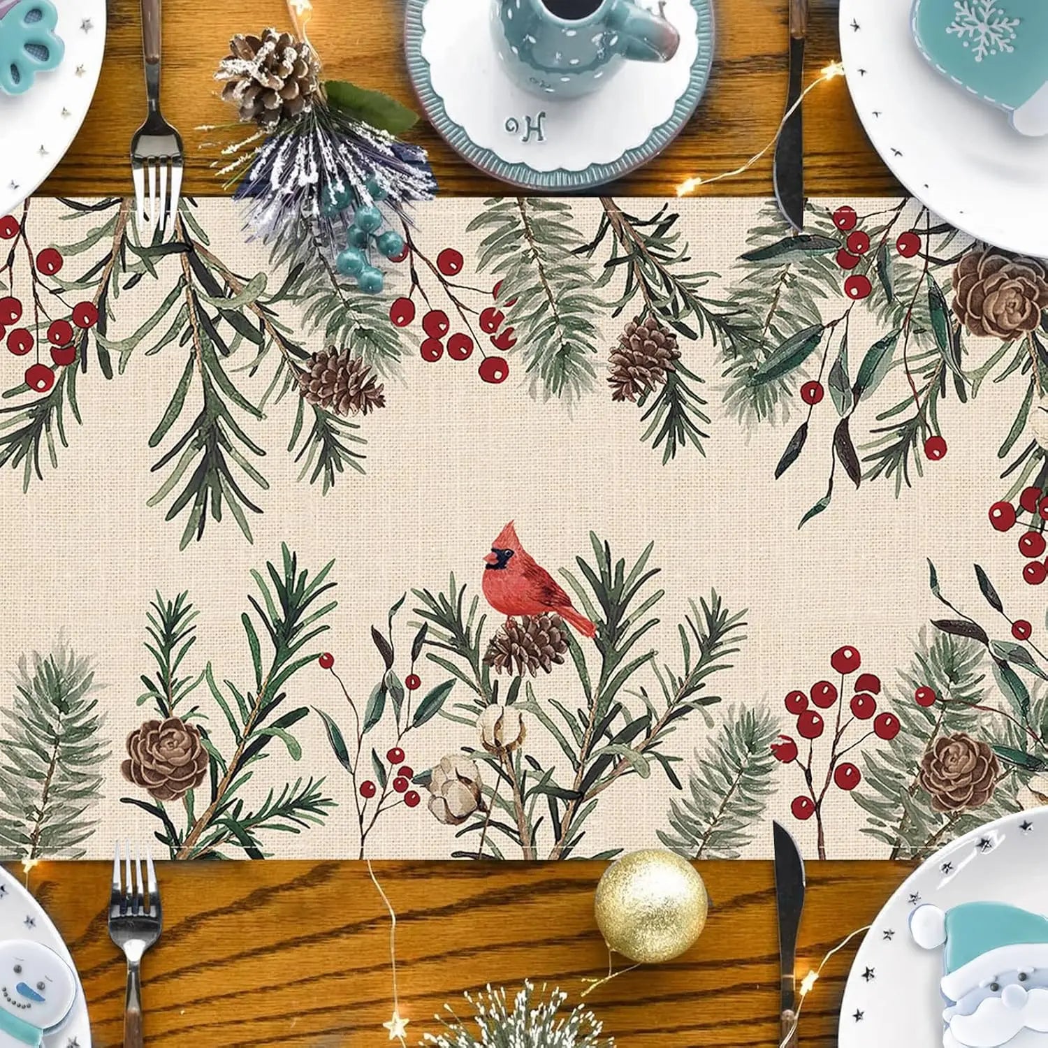 Christmas Pine Needle Branches Linen Table Runner with festive pinecones and red berries for holiday decor