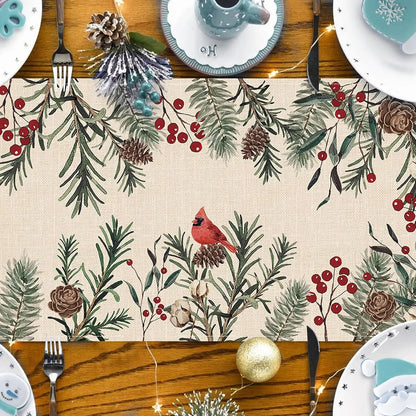 Christmas Pine Needle Branches Linen Table Runner with festive pinecones and red berries for holiday decor