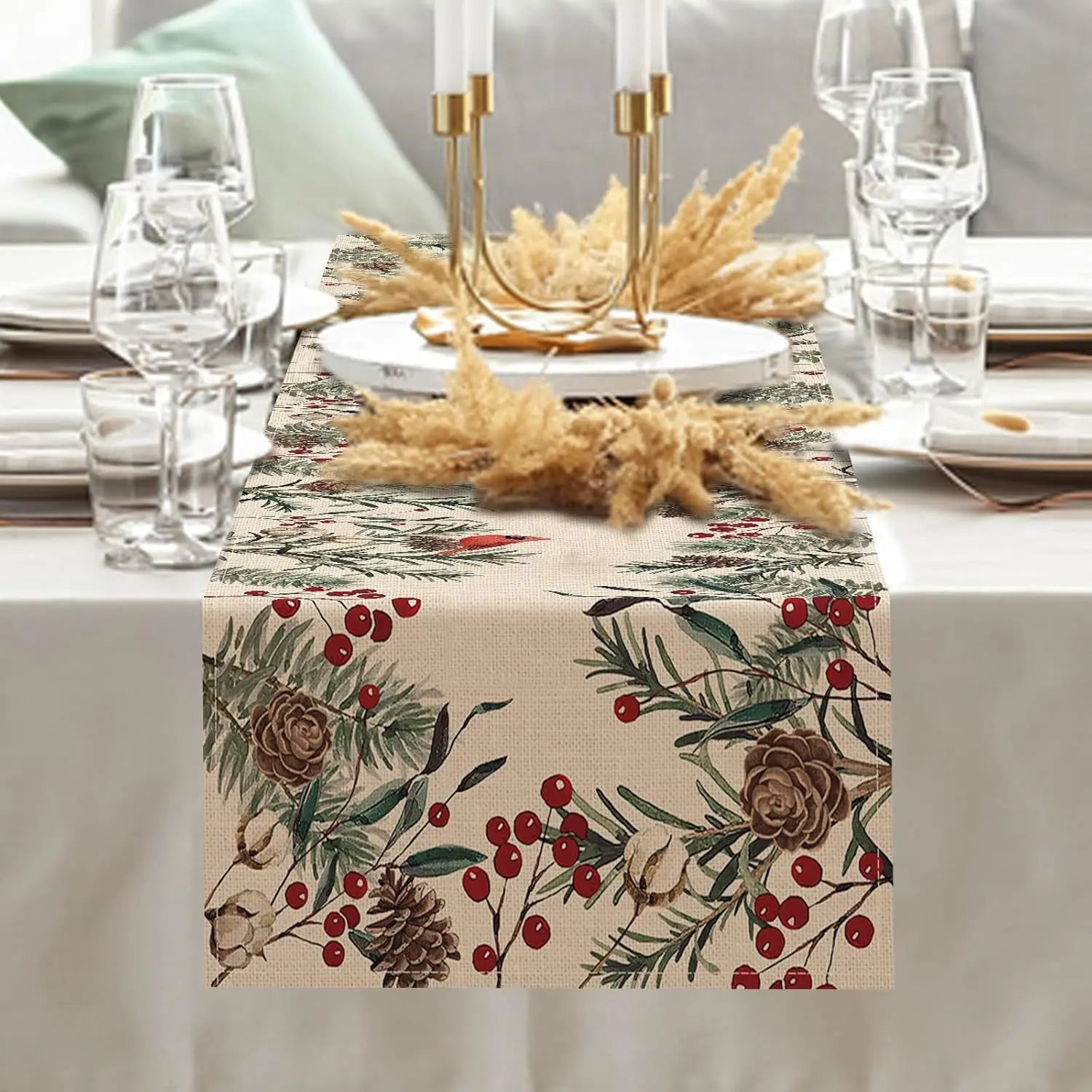 Christmas Pine Needle Branches Linen Table Runner with Pinecones and Berries for Holiday Decor