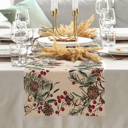 Christmas Pine Needle Branches Linen Table Runner with Pinecones and Berries for Holiday Decor