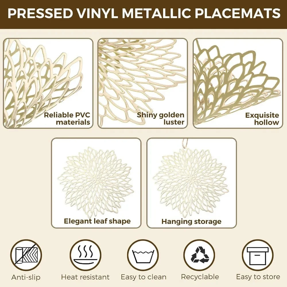 Elegant pressed vinyl metallic Christmas placemats in shiny golden luster for festive dining