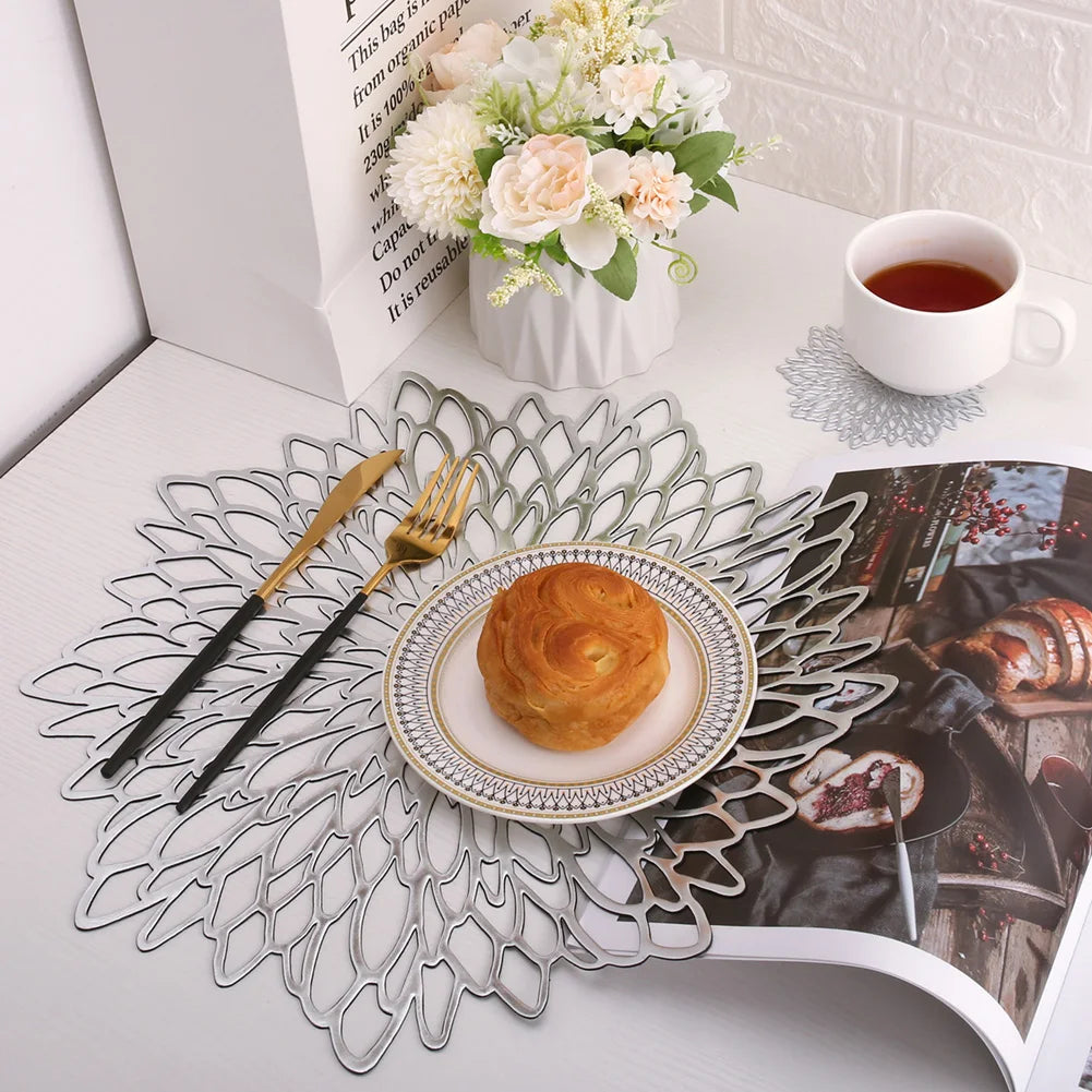 Elegant silver Christmas placemats with floral design, perfect for festive table settings