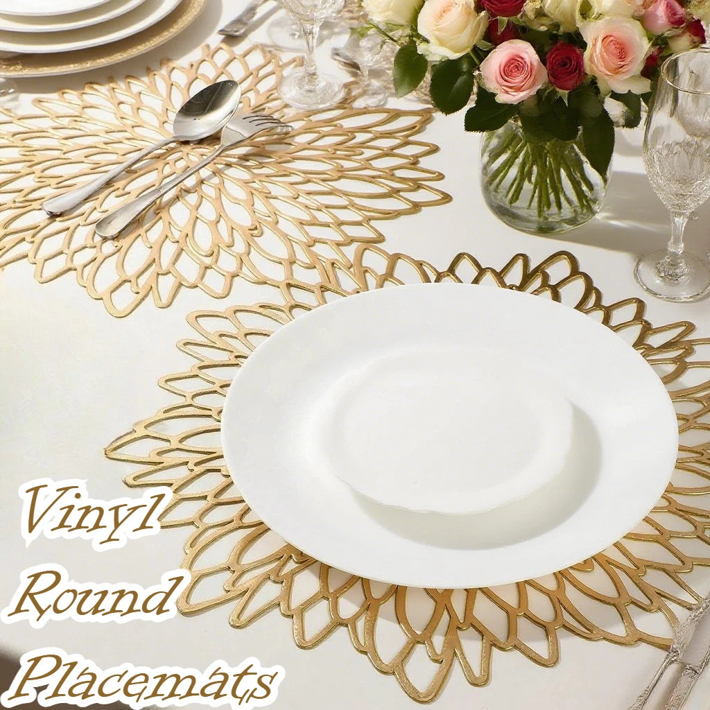 Elegant vinyl round Christmas placemats in gold, perfect for festive table settings and holiday gatherings