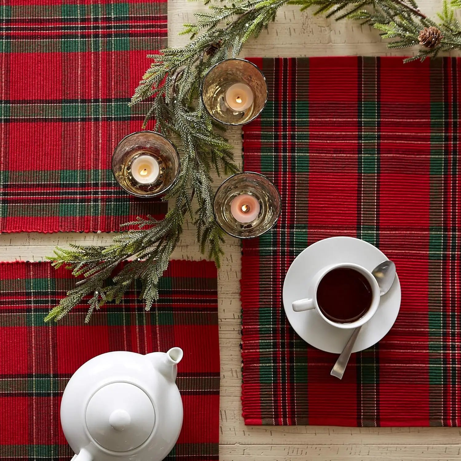 Nutshell Christmas Plaid Placemats in red and green for festive dining table decor